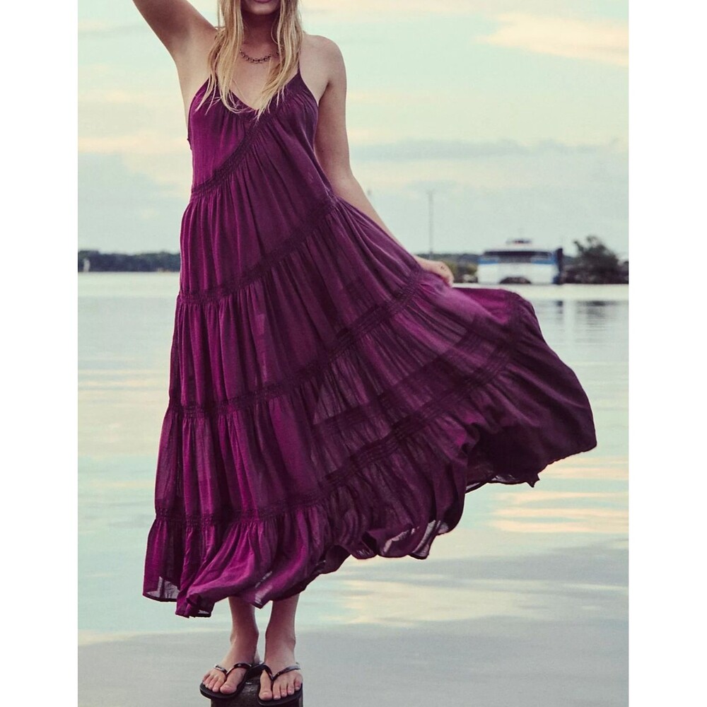 Free People Free-Est Robe Horizon Coast Maxi Dress Sheer Tiered Purple XS 291770